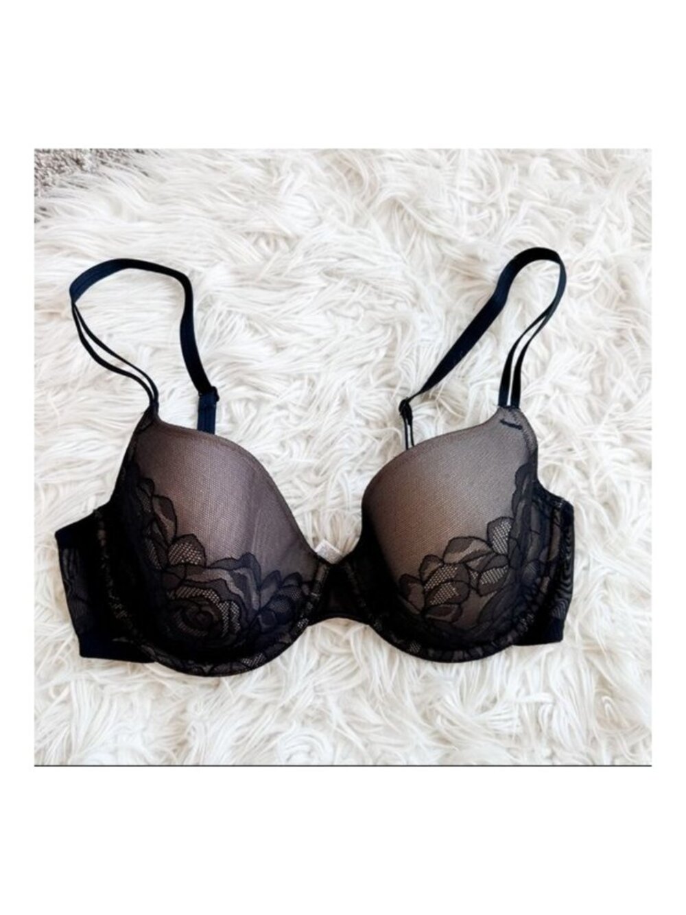 Wacoal Black Nude Floral Lace Mesh Underwire Bra Size 34D